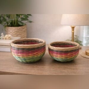 Handwoven Colorful Wicker Baskets – Set of 2 Round Bowls, Boho Home Décor